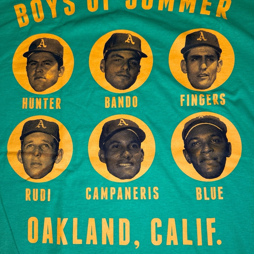 NWT Oakland A’s 1969 Boys of Summer Bando/Rudi/Vida/Fingers T-Shirt Green XL - Picture 5 of 8